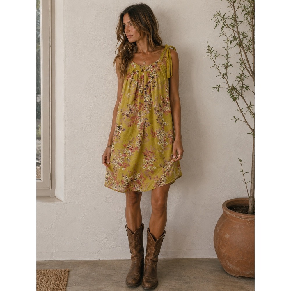 Bellambra Italy Yellow Floral Tie Shoulder Mini Shift Dress Small Linen